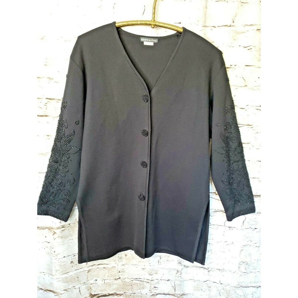 Woman's Theomiles  Black sweater with beaded sleeves sz M